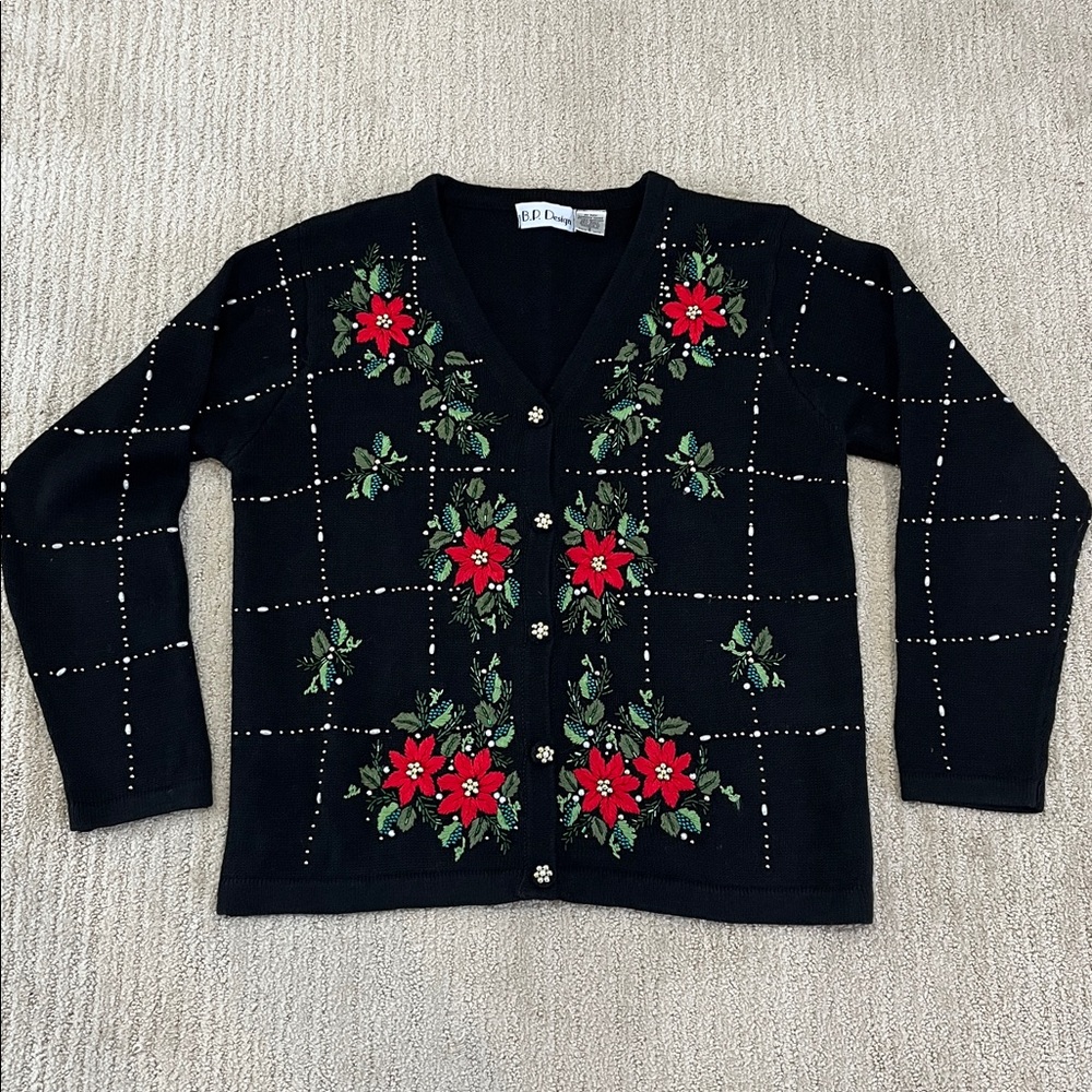 Vintage B.P. Design Christmas Cardigan Embroidered Poinsettias Size S - Picture 5 of 12